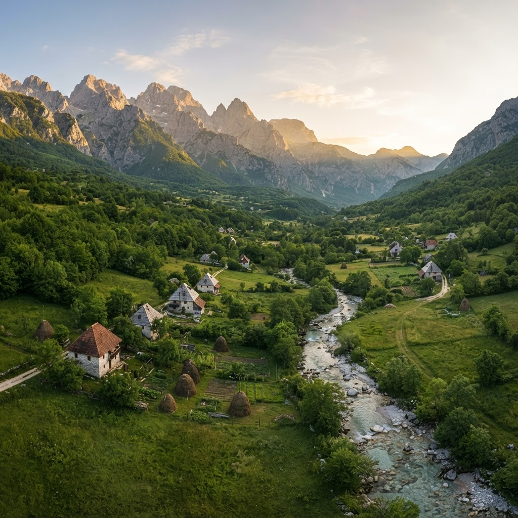 Theth valley and the Albanian Alps at sunrise
