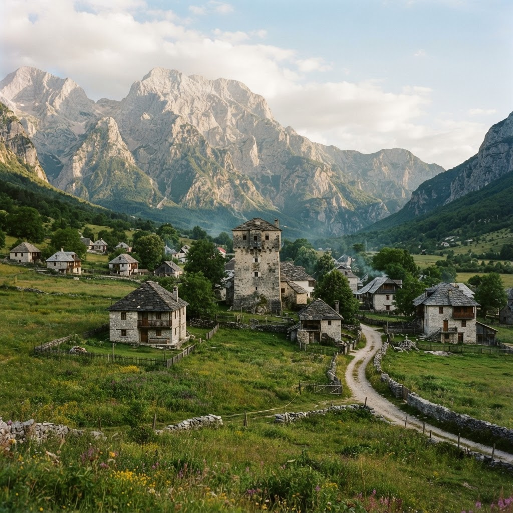 Theth village beneath the Albanian Alps